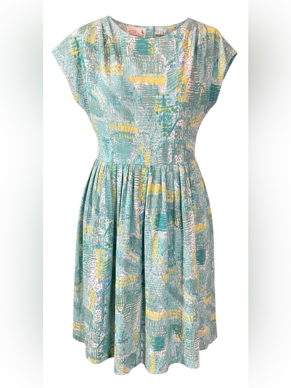 Vintage Pennypacker 100% NylonAqua Abstract Print Midi Dress with Pastel Accents